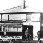 A two horse tram operated by the Wrexham District Tramway Co. prepares to leave Johnstown New Inn for Wrexham in 1895