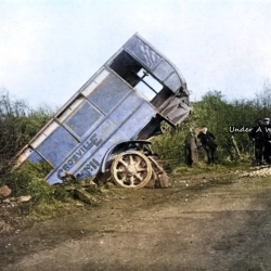 A Crosville bus in a ditch near Mold. 1939.