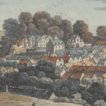 Coloured engraving 1748 showing the Old Vicarage and Bryn-Y-Ffynnon House
