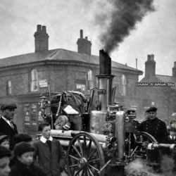 Kings Mills Road 1910; A Steamer Fire Engine working at a fire. (This is the Victoria, the Wrexham 1901 Steamer)