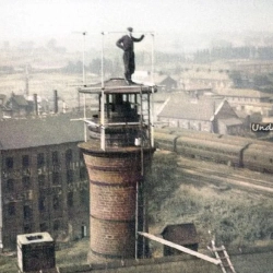 Wrexham Lager Chimney with Cobden Mill at the back 1944 Clourised. 1